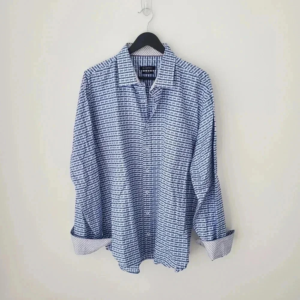 SOLD Bugatchi Blue and White Checkered Casual Button